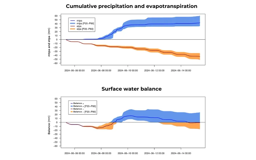 Graphiques présentant la prévision des précipitations, l'évapotranspiration cumulées et le bilan hydrique de surface. 