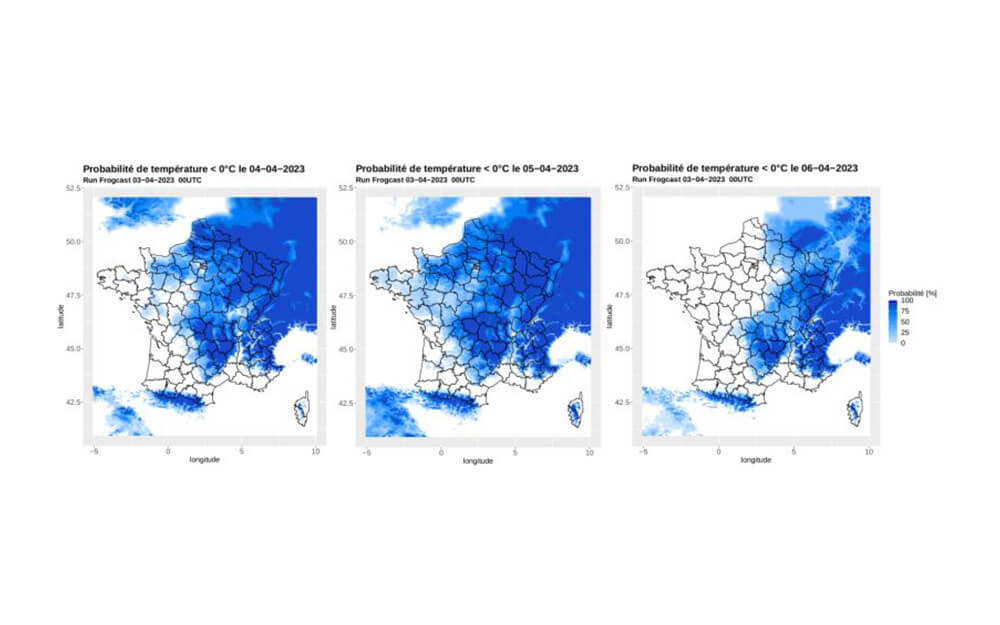 Cartographic visualization of the risk of cold weather for crops in France